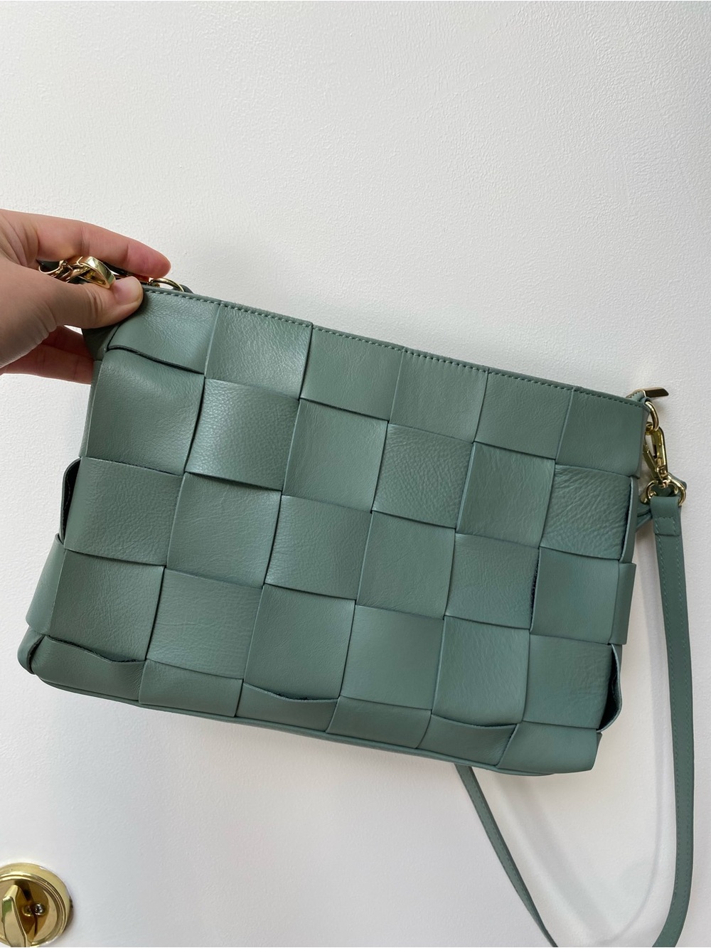 Woven Leather Crossbody Bag in Sage Green with Gold Hardware - Picture 2 of 3